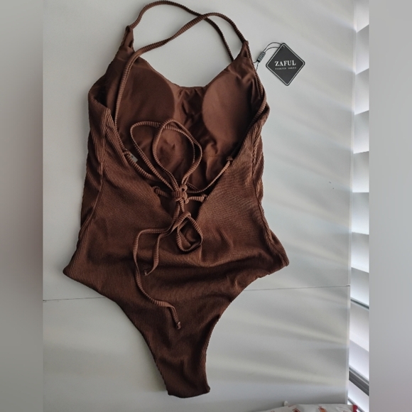 ZAFUL One Piece  Lace Up Tie Back Ribbed Fully Lined Tummy Control Scoop Padded - Picture 6 of 13